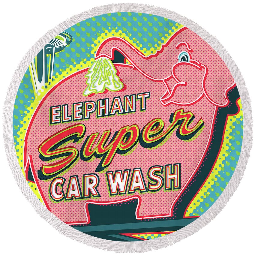 Pop Art Round Beach Towel featuring the digital art Elephant Car Wash and Space Needle - Seattle by Jim Zahniser