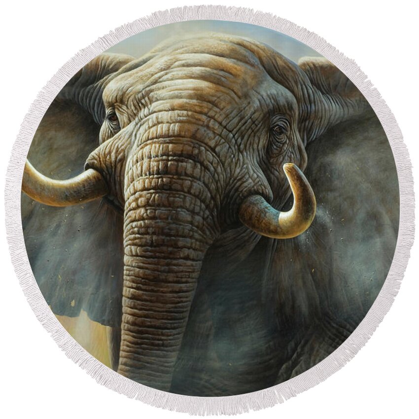 Cynthie Fisher Round Beach Towel featuring the painting Elephant by Cynthie Fisher