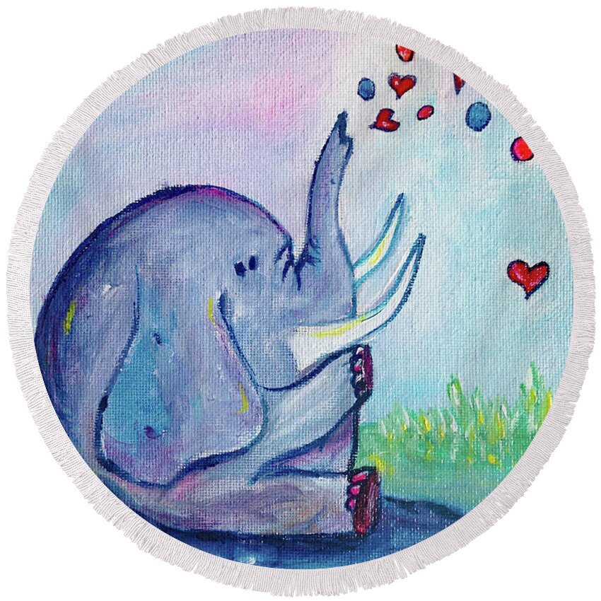 Elephant Round Beach Towel featuring the painting Elephant Love by Roxy Rich