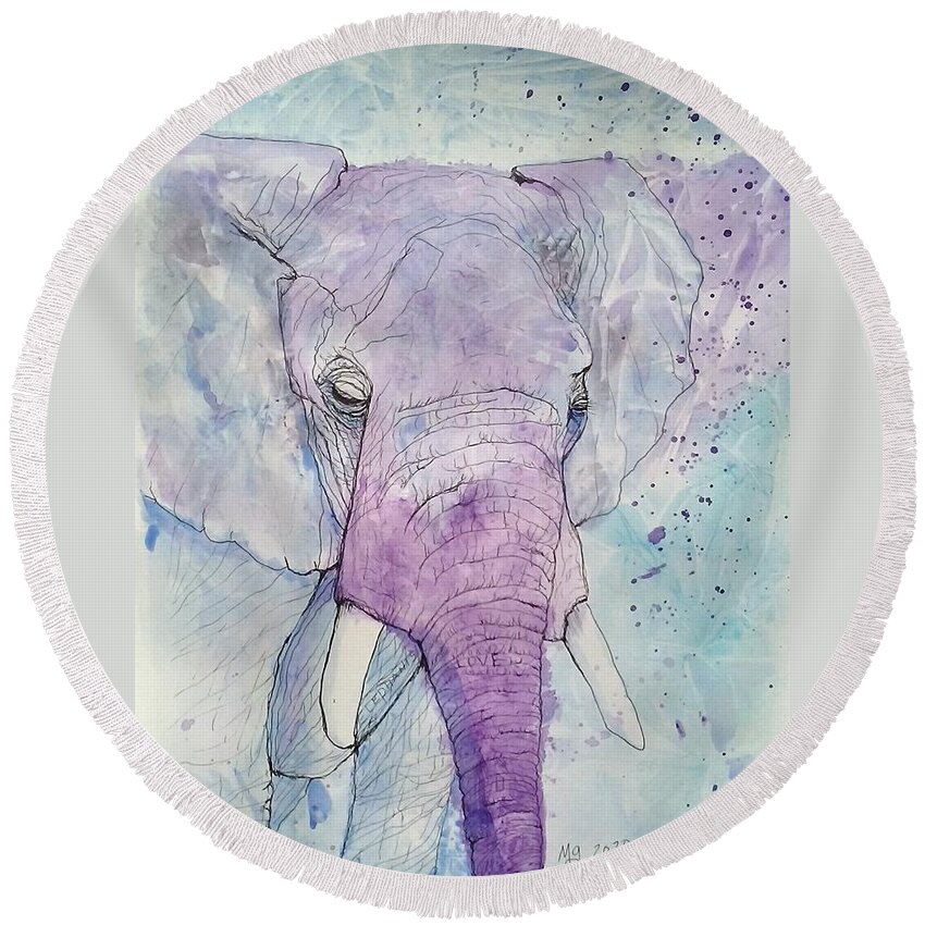 Elepant Round Beach Towel featuring the painting Elephant by Mindy Gibbs