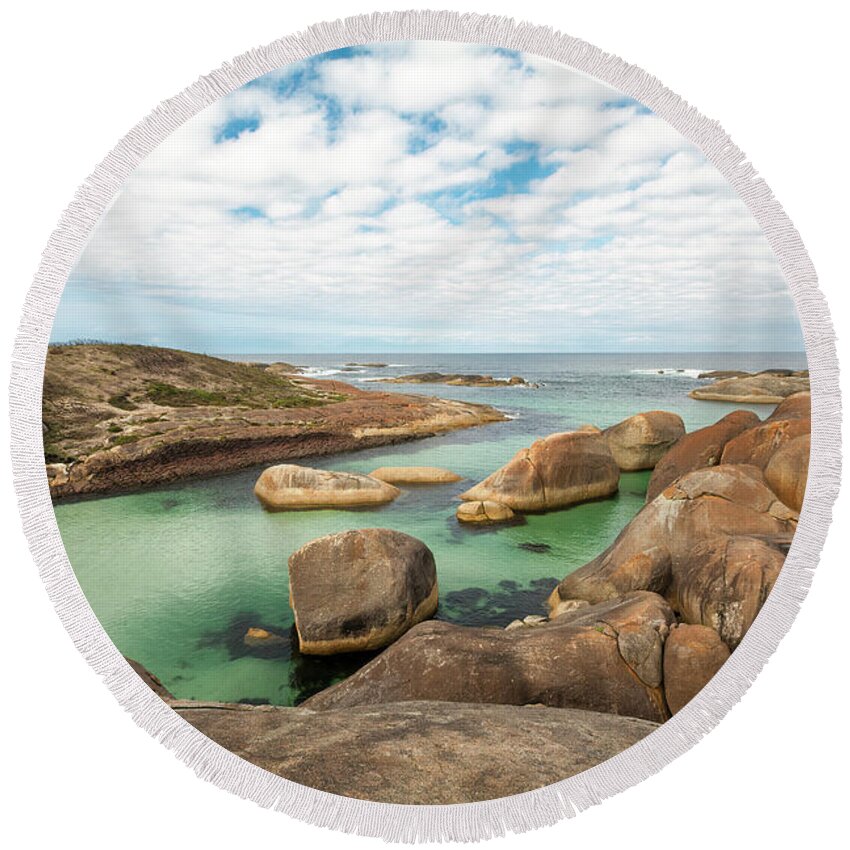 Landscape Round Beach Towel featuring the photograph Elephant Rocks, Denmark, Western Australia 3 by Elaine Teague