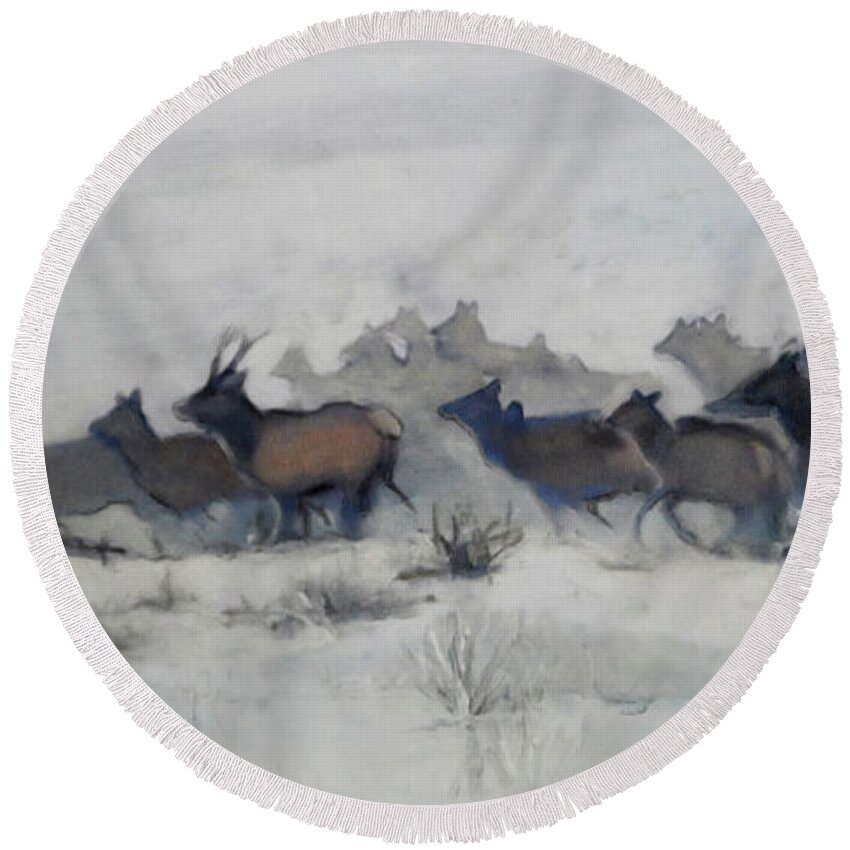 Elk Round Beach Towel featuring the painting Elk Migration, 2019 by PJ Kirk