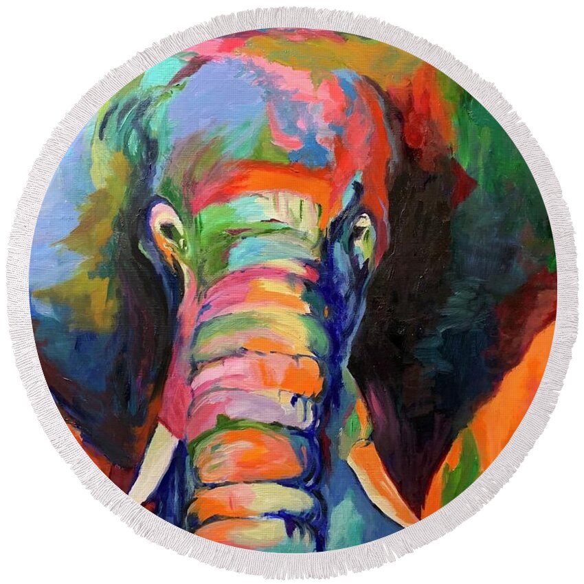Elephant Round Beach Towel featuring the painting Ellie in Full Color by Tracy Hutchinson
