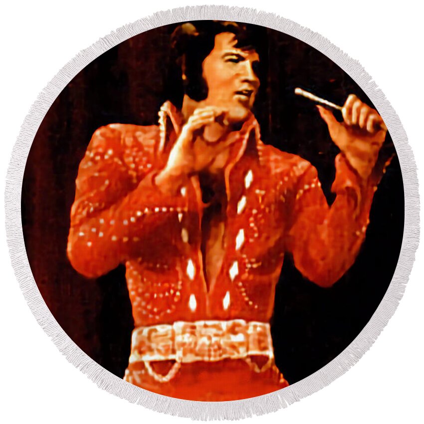 Entertainer Round Beach Towel featuring the painting Elvis in red by Loxi Sibley