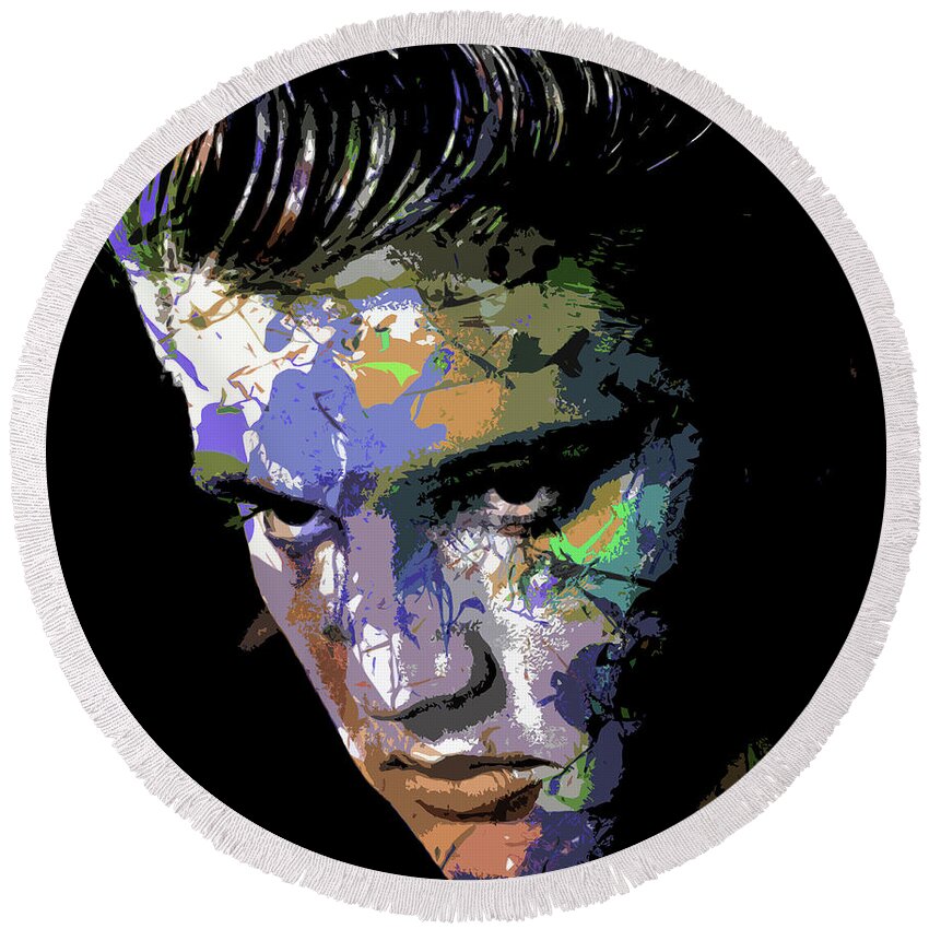 Psychedelic Round Beach Towel featuring the digital art Elvis Presley -2 psychedelic portrait by Movie World Posters