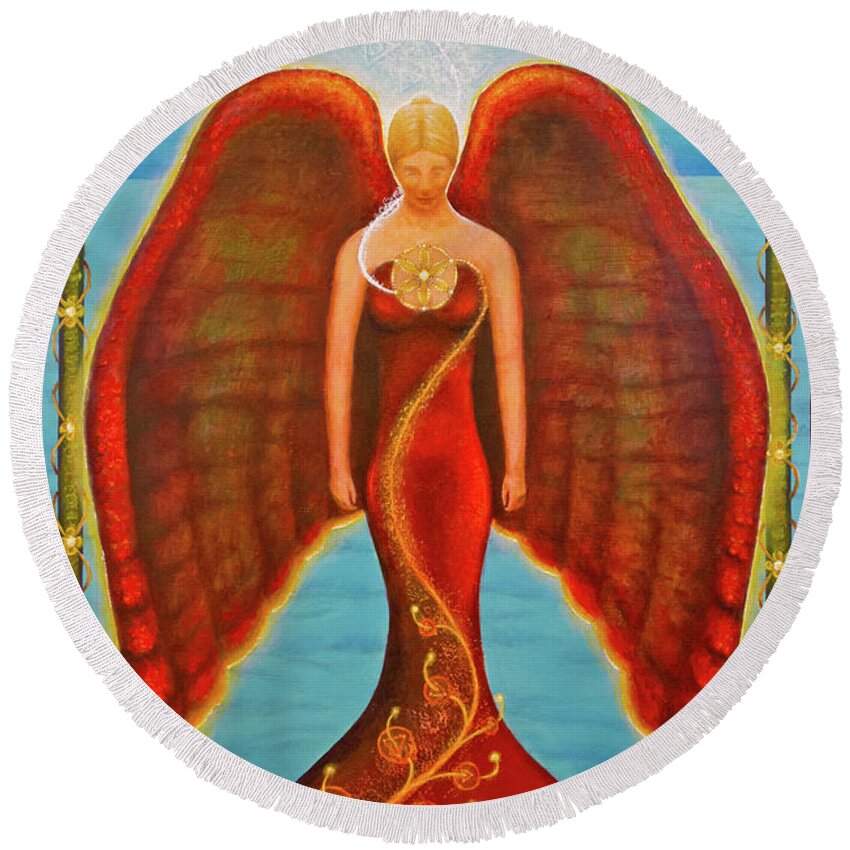Angel Round Beach Towel featuring the painting Emeliah Angel of Inner Journeys by Kevin Chasing Wolf Hutchins