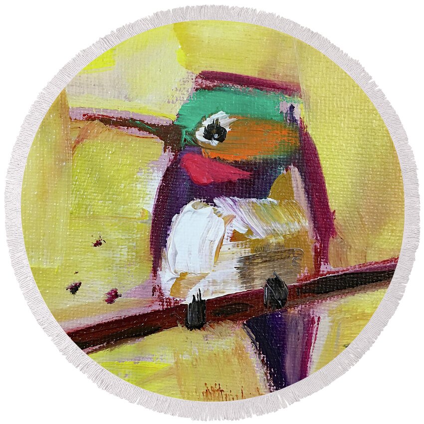 Hummingbird Round Beach Towel featuring the painting Emerald Crested Hummingbird by Roxy Rich