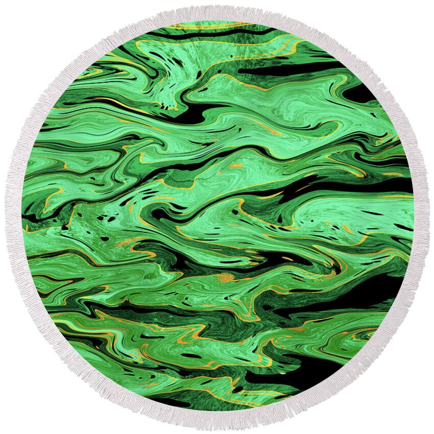 Fluid Round Beach Towel featuring the digital art Emerald green fluid art, black and green marble abstract by Nadia CHEVREL