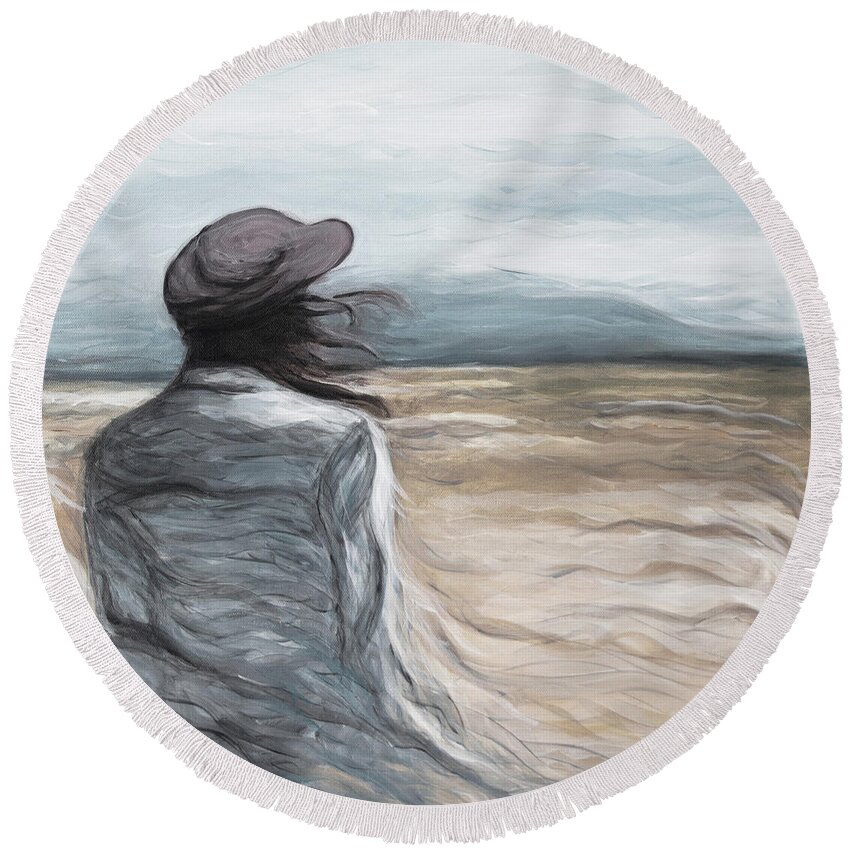 Woman Round Beach Towel featuring the painting Emerge by Pamela Schwartz