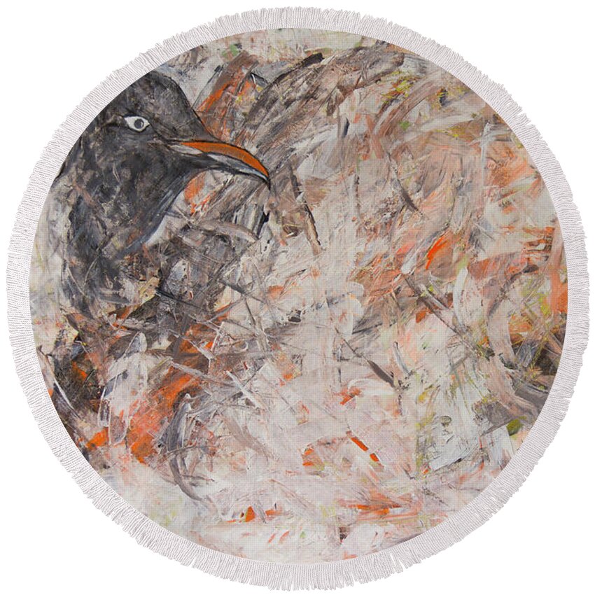 Raven Round Beach Towel featuring the painting Black Bird Emerging by Ben and Raisa Gertsberg