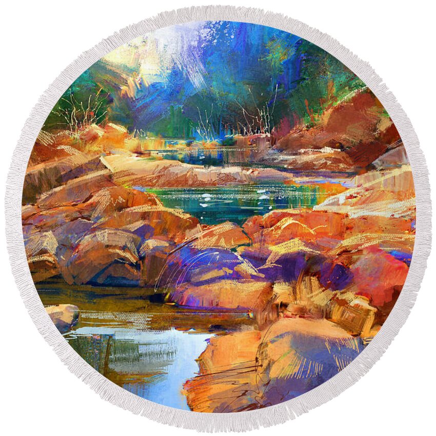 Abstract Round Beach Towel featuring the painting Enchanted Creek by Tithi Luadthong