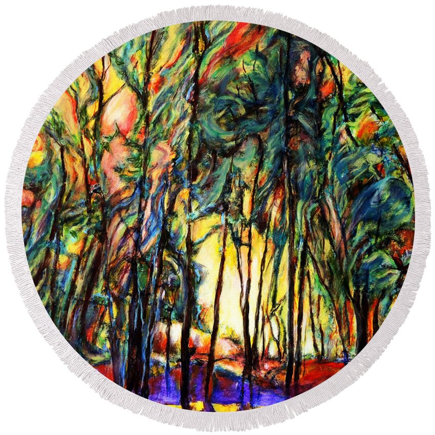 Acrylic Painting Enchanted Forest Sunset Scene Abstract Landscape Round Beach Towel featuring the painting Enchanted Forest by John Bohn