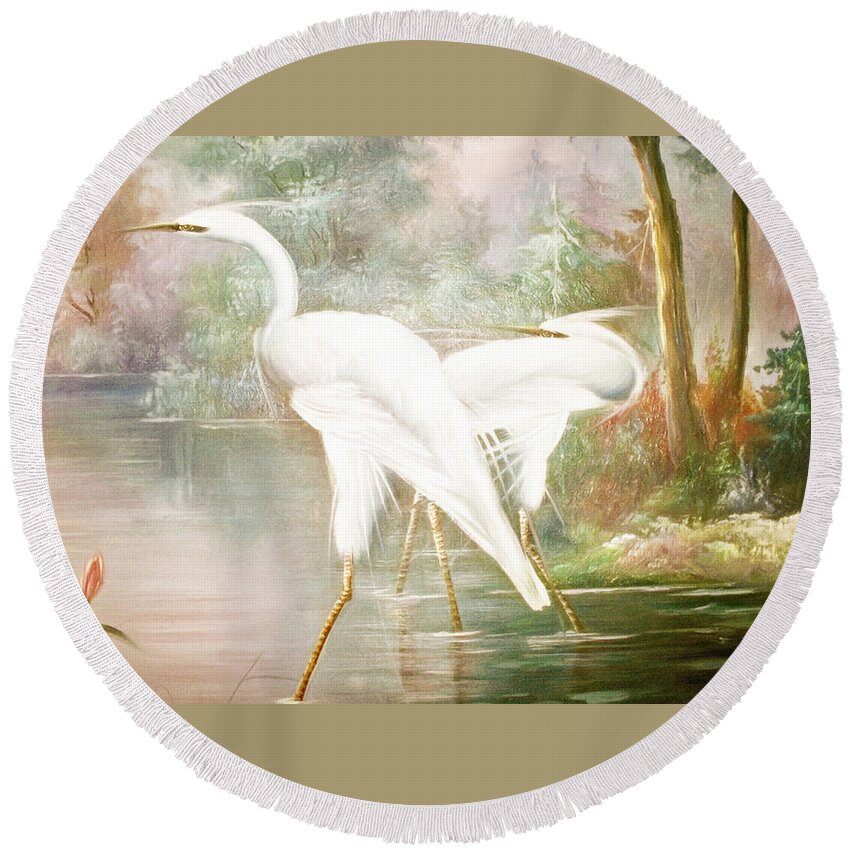 Egret Round Beach Towel featuring the mixed media Enchanted Lagoon by Susan Hope Finley