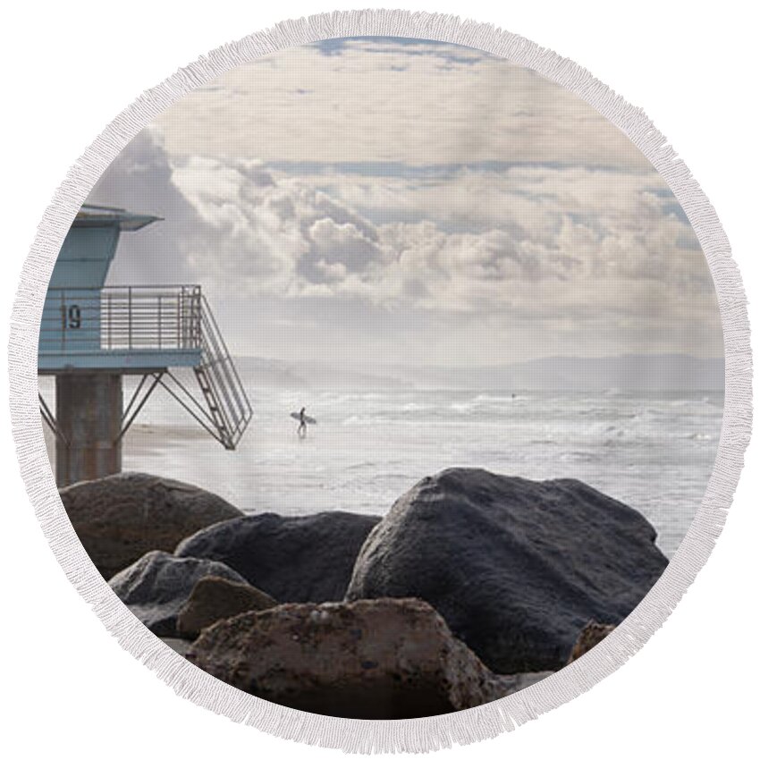 San Diego Round Beach Towel featuring the photograph Encinitas Surfer and Clouds by William Dunigan
