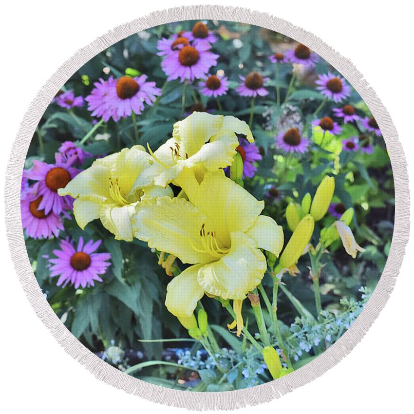 Summer Garden Round Beach Towel featuring the photograph End of July Yellow Daylilies and Purple Coneflowers by Janis Senungetuk