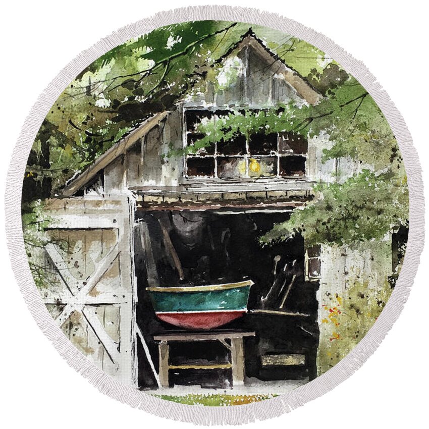 A Small Boat Rests On Sawhorses In A Tool Shed At Round Pond Round Beach Towel featuring the painting End Of The Season by Monte Toon