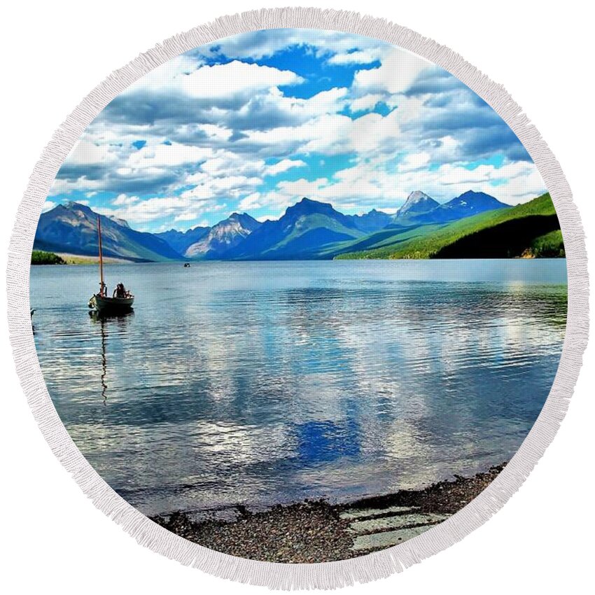Lake Mcdonald Round Beach Towel featuring the photograph End To That Perfect Day Montana by William Rockwell