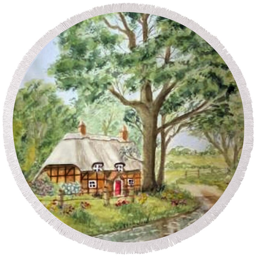 Cottage Round Beach Towel featuring the painting English Thatched Roof Cottage by Kelly Mills