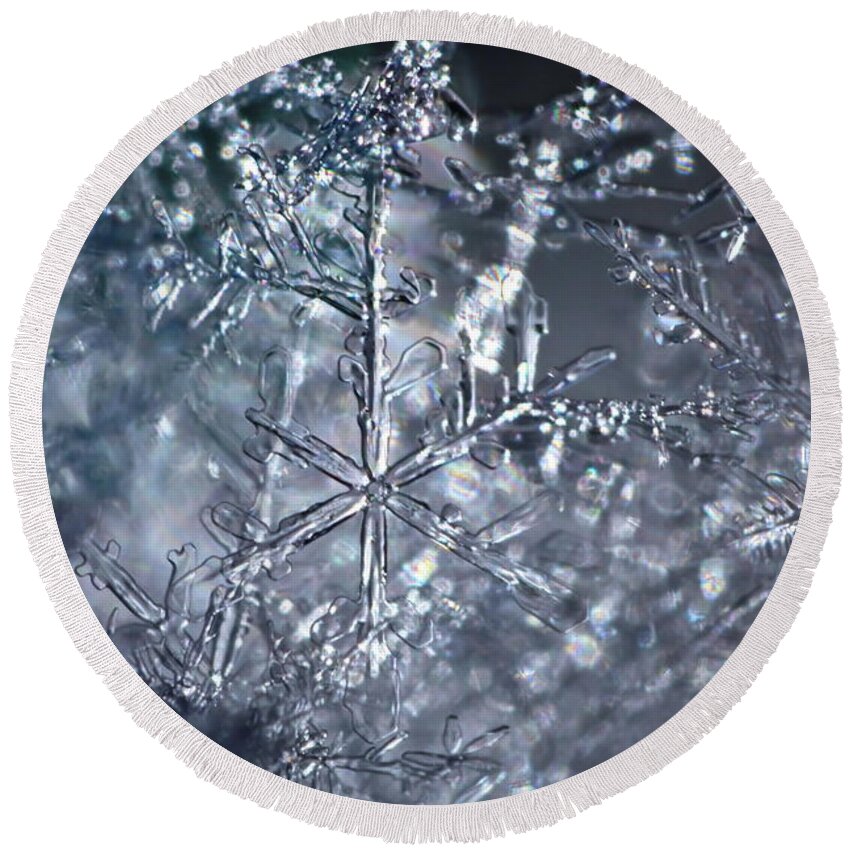 Beautiful Round Beach Towel featuring the photograph Entangled snowflakes are shimmering in the blue light of winter by Ulrich Kunst And Bettina Scheidulin