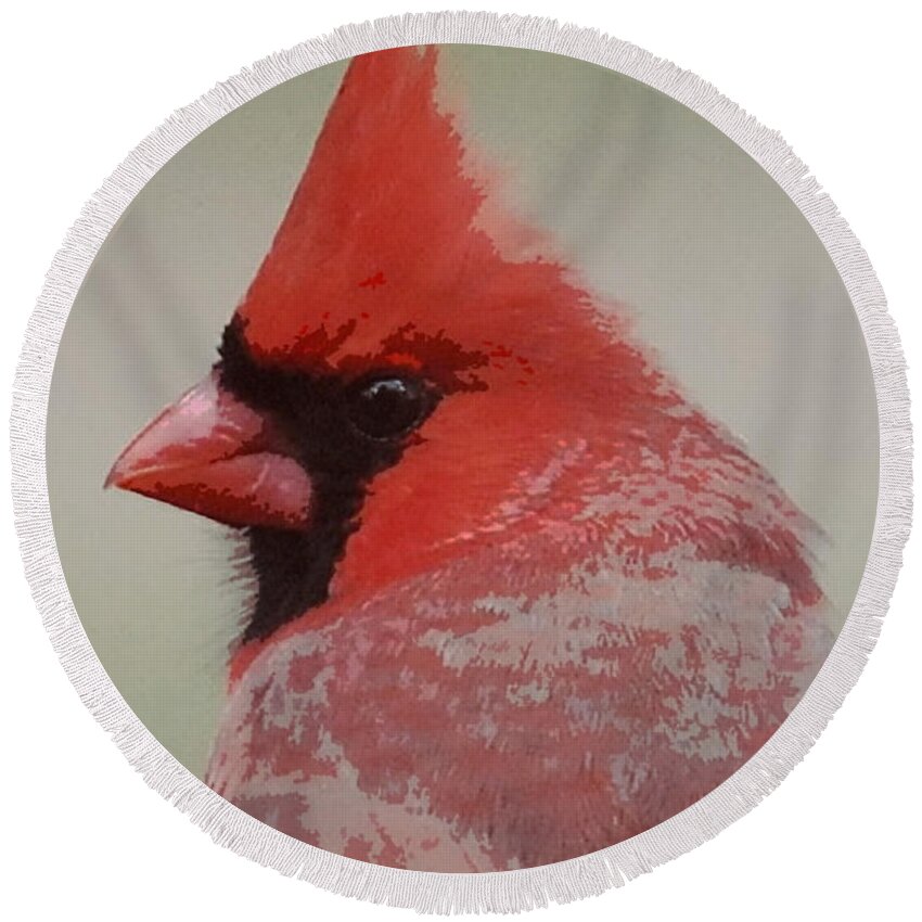 Bird Round Beach Towel featuring the mixed media Epiphany Cardinal by Judy Cuddehe