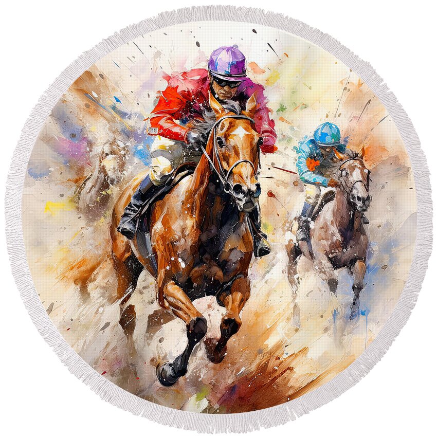 Horse Racing Round Beach Towel featuring the painting Equine Explosion - Horse Racers Art by Lourry Legarde