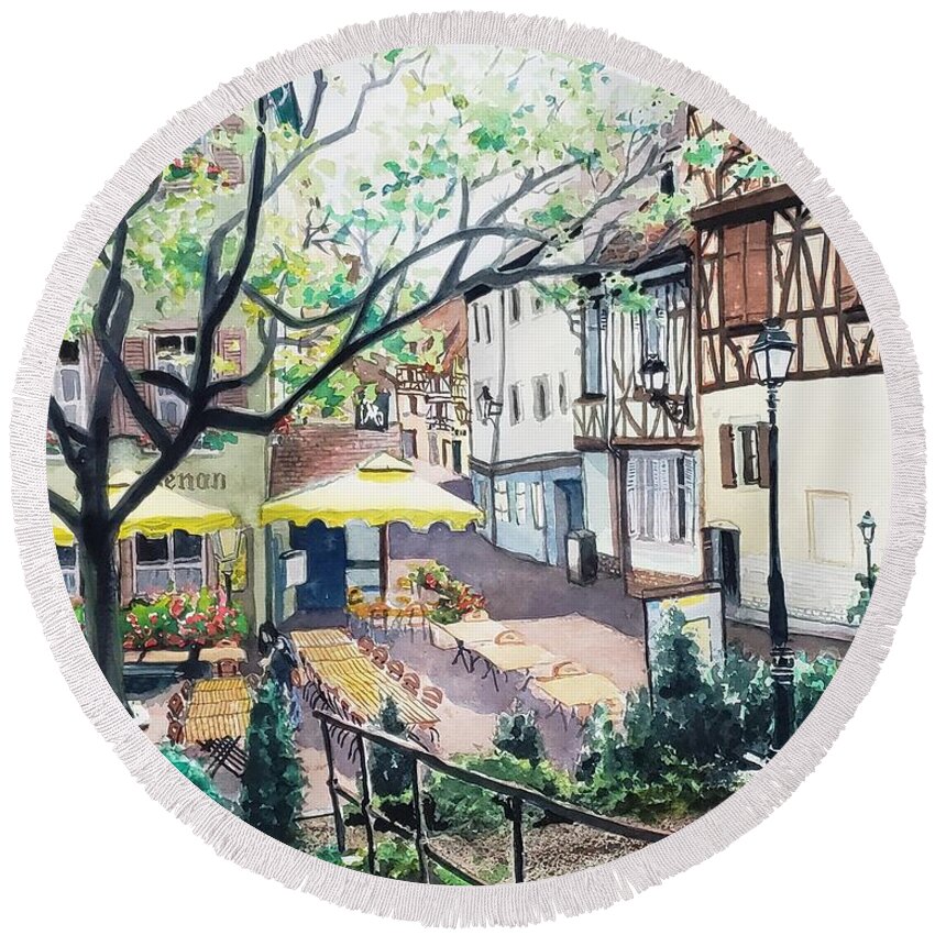 Colmar Round Beach Towel featuring the painting European Outdoor Dining by Merana Cadorette