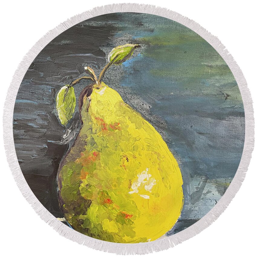 Pear Round Beach Towel featuring the mixed media French Pear by Linda Bailey