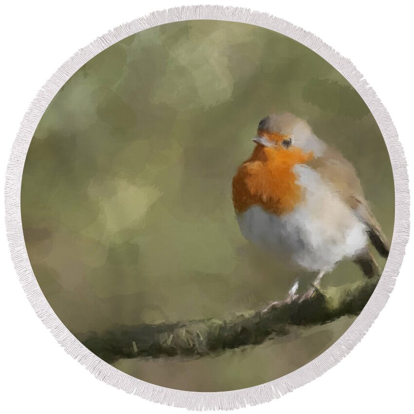 Robin Round Beach Towel featuring the painting European Robin by Gary Arnold