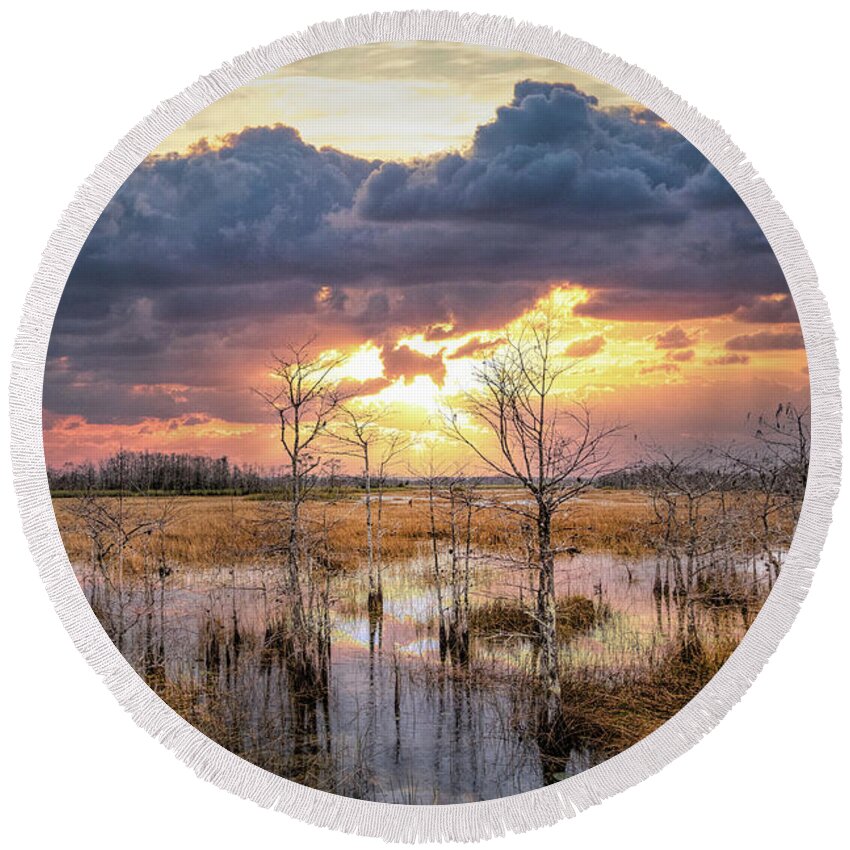 Clouds Round Beach Towel featuring the photograph Evening Everglades by Debra and Dave Vanderlaan