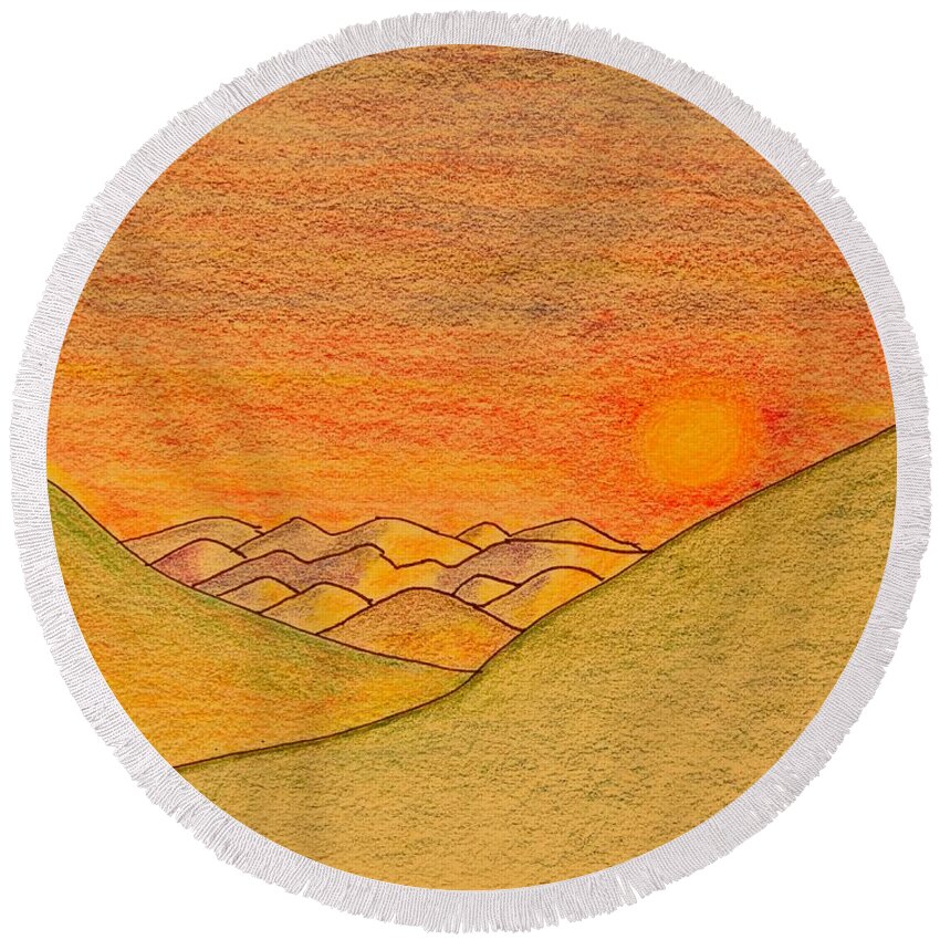 Mountains Round Beach Towel featuring the drawing Evening Glow by Karen Nice-Webb