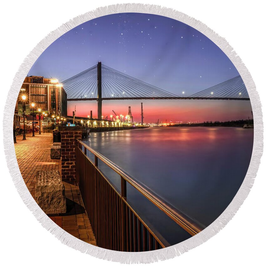 Evening Round Beach Towel featuring the photograph Evening on the Savannah Riverwalk by Shelia Hunt