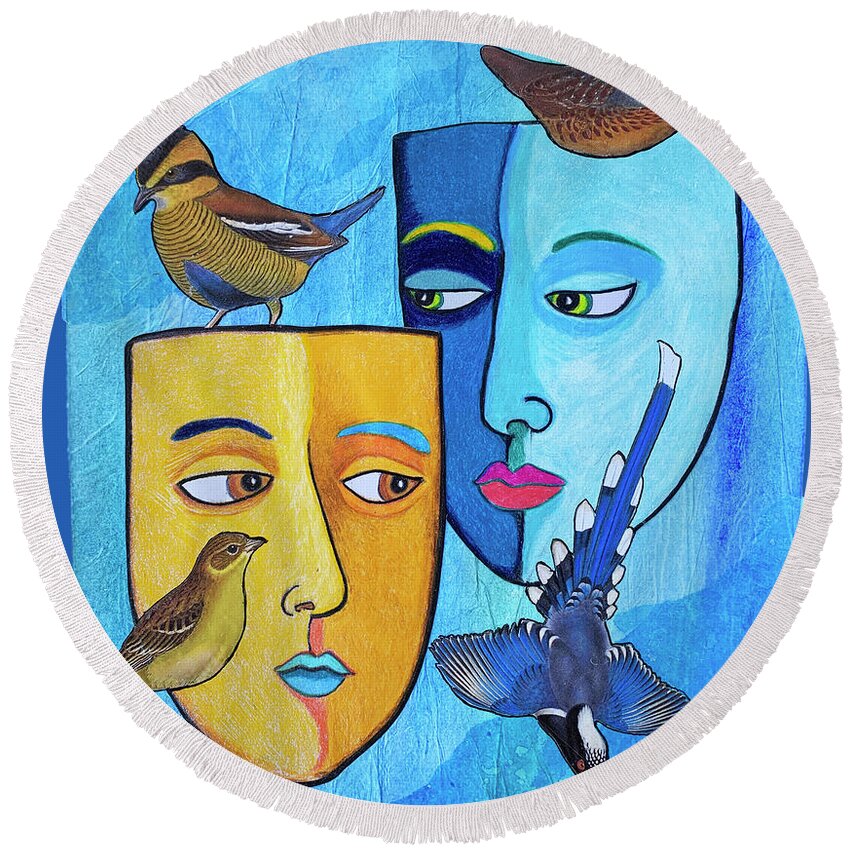 Masks Round Beach Towel featuring the mixed media Evening Song by Lorena Cassady