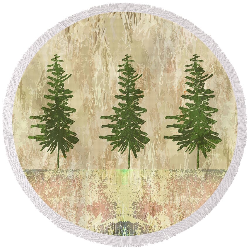 Evergreen Forest Round Beach Towel featuring the digital art Evergreen Forest Abstract by Nancy Merkle