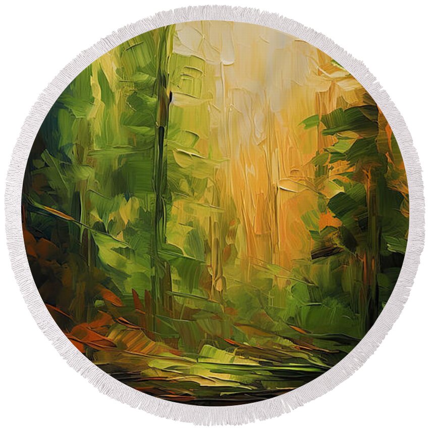 Green Round Beach Towel featuring the painting Evergreen Sunset Paintings by Lourry Legarde