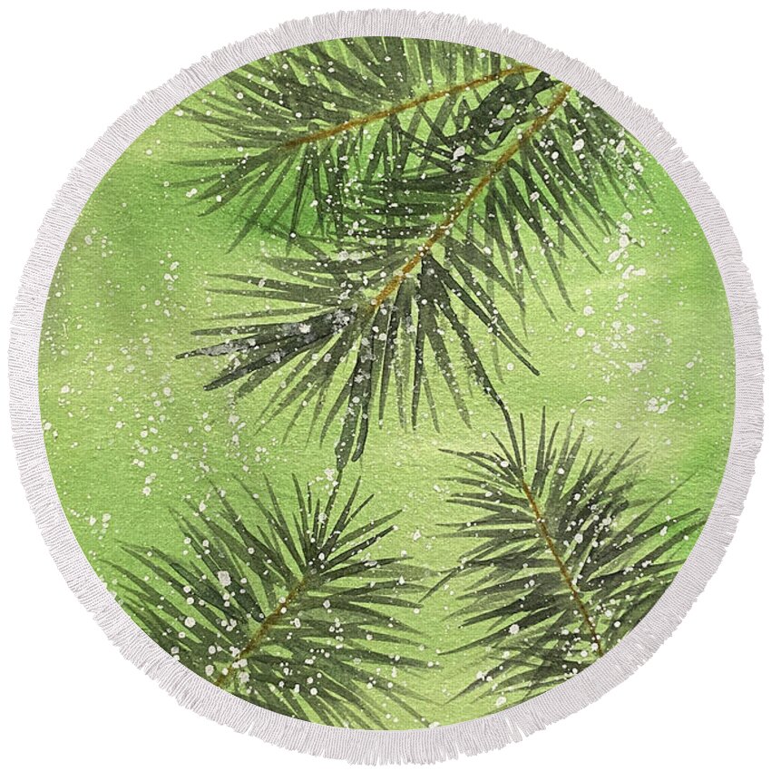Pine Round Beach Towel featuring the painting Evergreen Trio by Lisa Neuman