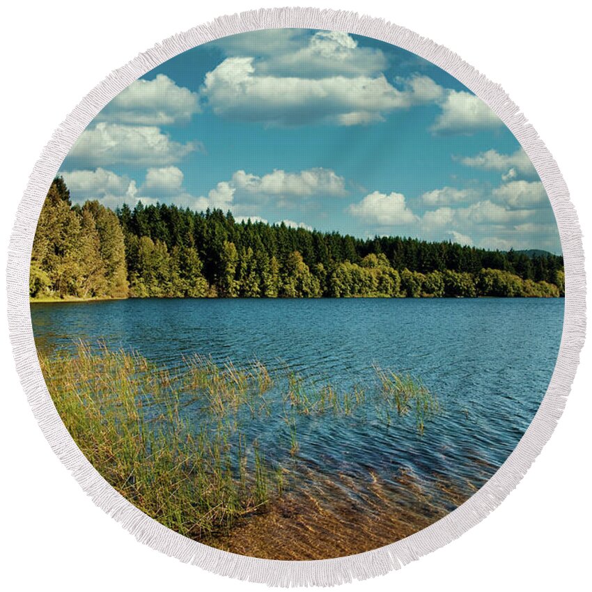 Blue Round Beach Towel featuring the photograph Evergreens Around Peaceful Lake by Darryl Brooks