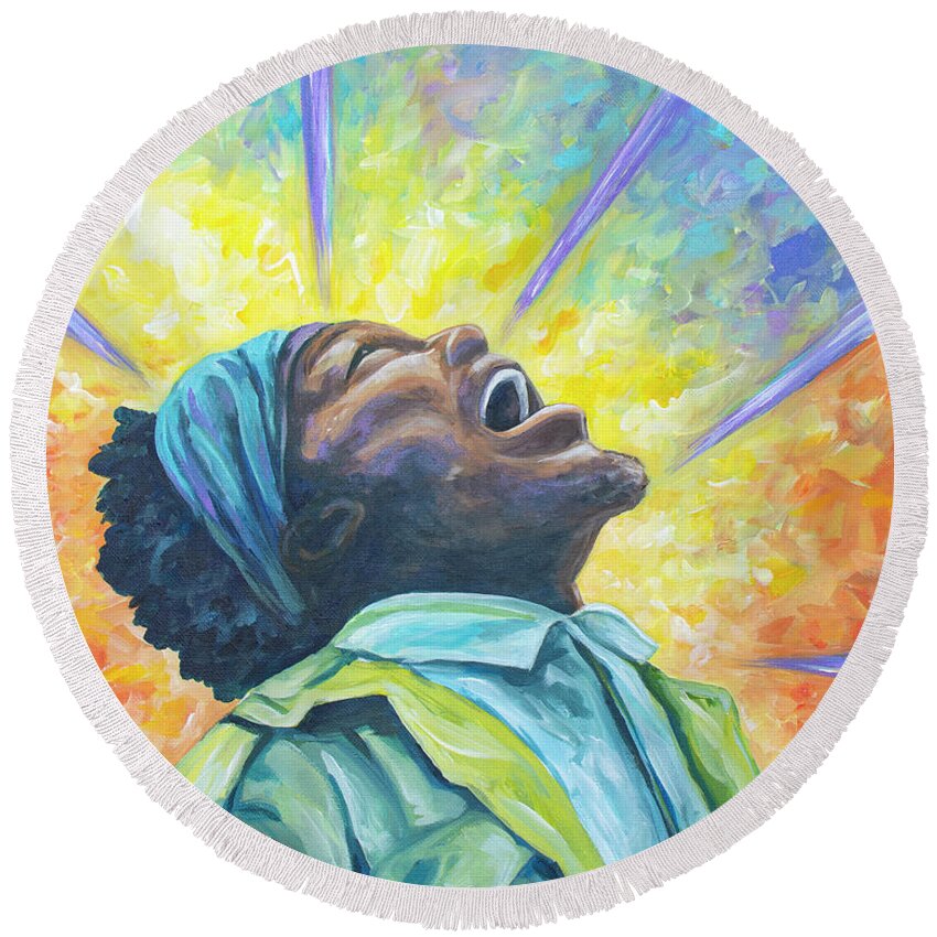 African American Round Beach Towel featuring the painting Exclamation of the Soul by Sylvia Aldebol