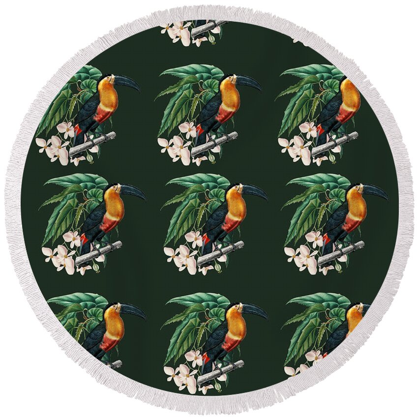 Exotic Round Beach Towel featuring the mixed media Exotic Jungle Design Toucan by Johanna Hurmerinta