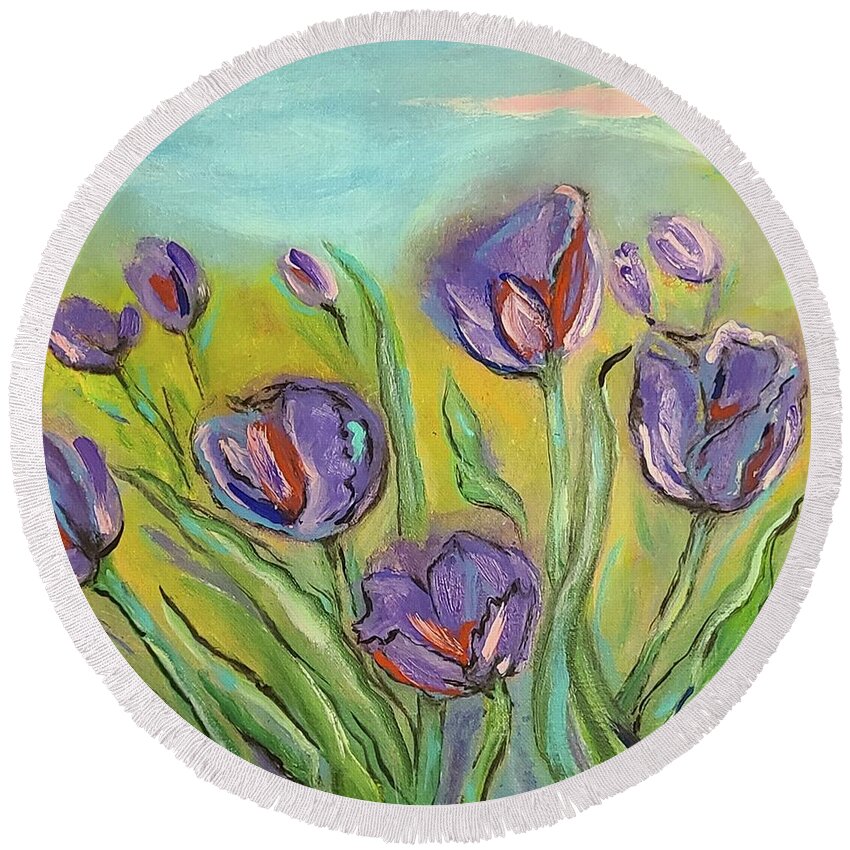 Tulips Round Beach Towel featuring the painting Exploring Tulips by Sidra Myers