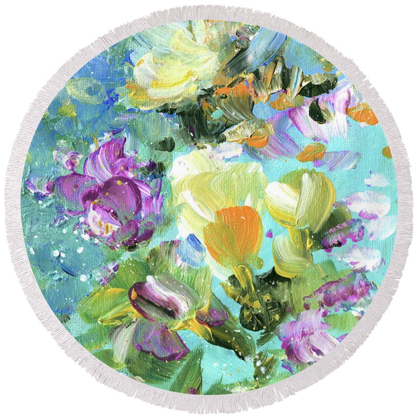Flower Round Beach Towel featuring the painting Explosion Of Joy 22 Dyptic 02 by Miki De Goodaboom
