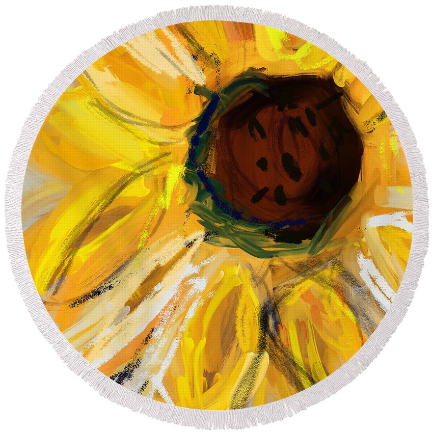 Sunflower Round Beach Towel featuring the digital art Expressive Sunflower- Art by Linda Woods by Linda Woods
