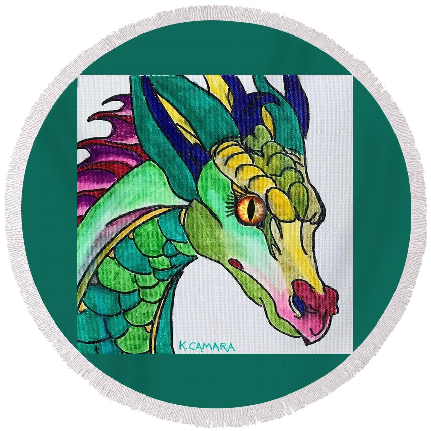 Pets Round Beach Towel featuring the painting Eye of the Dragon by Kathie Camara