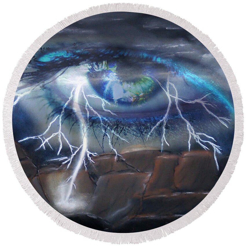 Eyes Round Beach Towel featuring the mixed media Eye of the Storm by Ronald Mills