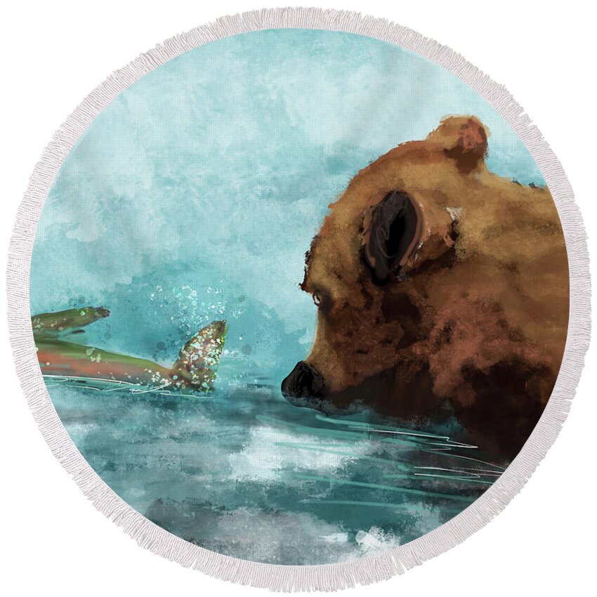 Ber Round Beach Towel featuring the digital art Eye on the Target Fishing Bear by Doug Gist