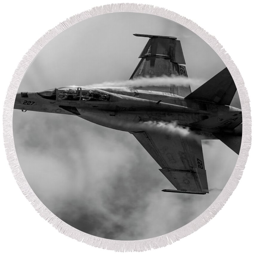 Airplane Round Beach Towel featuring the photograph F18 in Black and White by Carolyn Hutchins