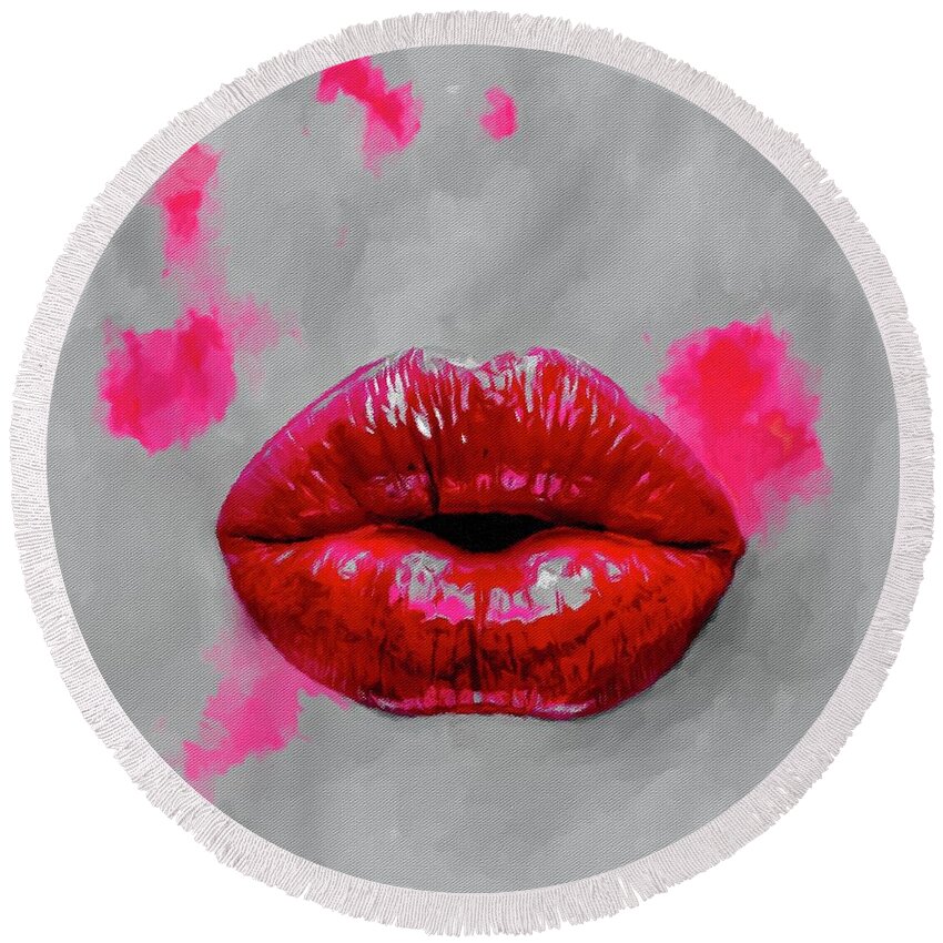Facemask Round Beach Towel featuring the mixed media Facemask Lips 3 by Laurie's Intuitive