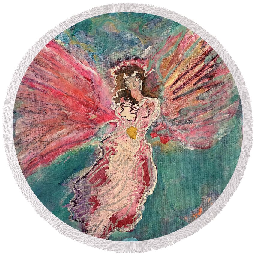 Fairy Round Beach Towel featuring the painting Fairy Angel by Leslie Porter