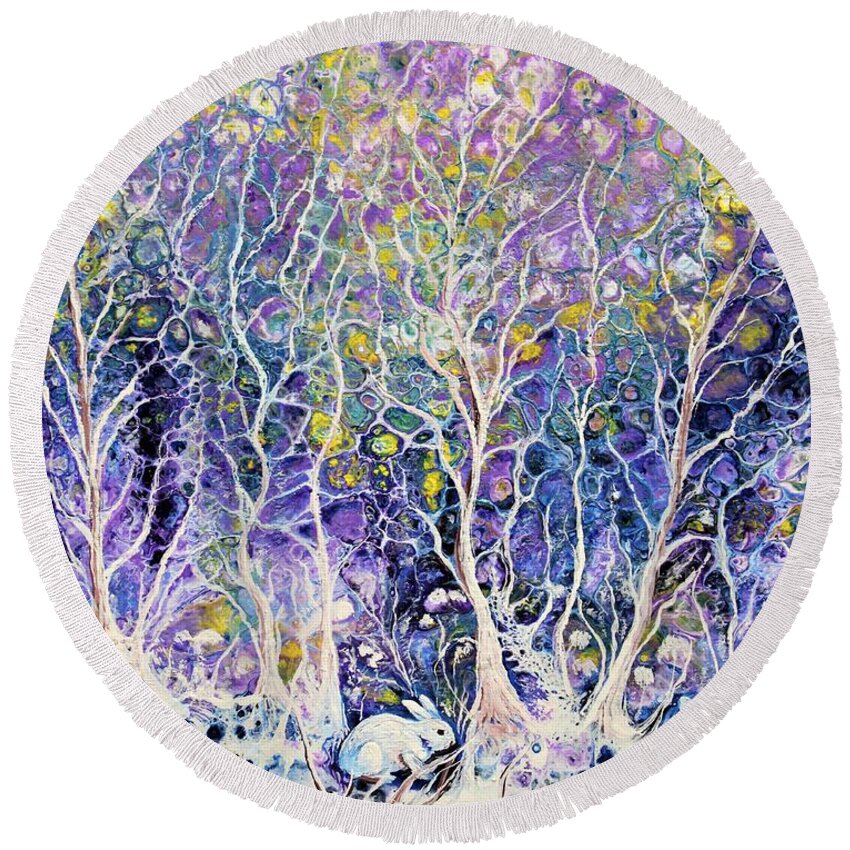 Wall Art Abstract Forest Gift For Her Home Décor Bunny White Forest White Bunny White Snow Acrylic Paint Painting On Canvas Wall Décor Gift Idea Pouring Art Pouring Technique Round Beach Towel featuring the painting Fairy Forest by Tanya Harr