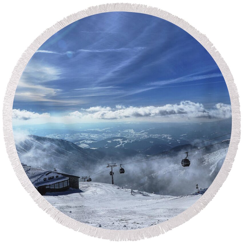 Hoarfrost Round Beach Towel featuring the photograph Fairy-tale view on cottage in Chopok in Low Tatras by Vaclav Sonnek