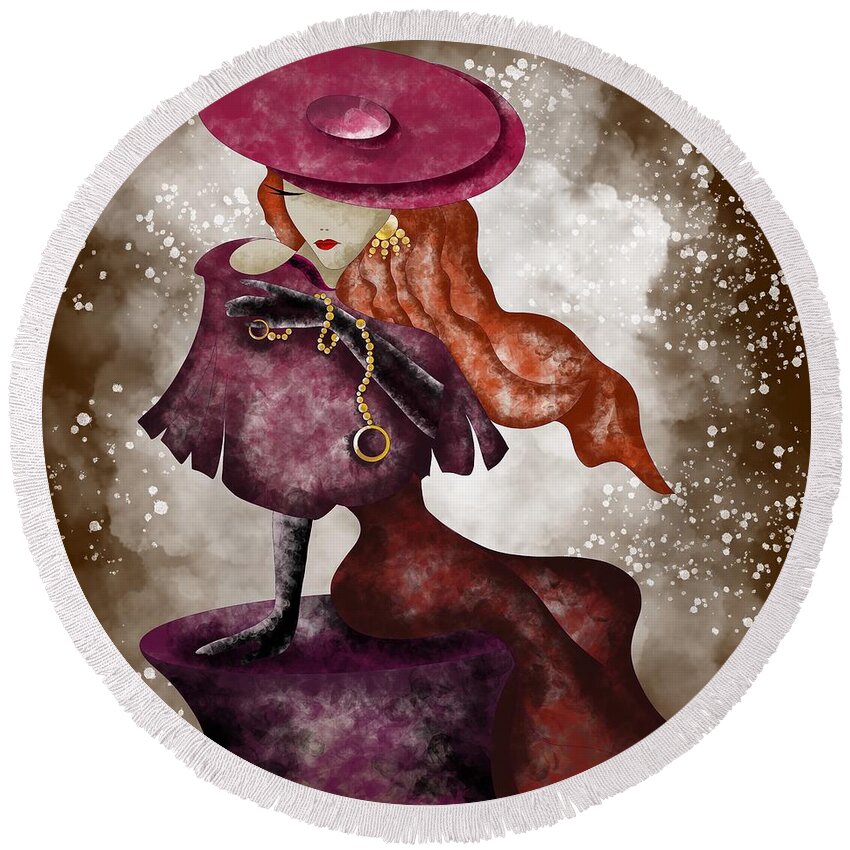 Fairytale Round Beach Towel featuring the painting Fairytale lady in red by Patricia Piotrak